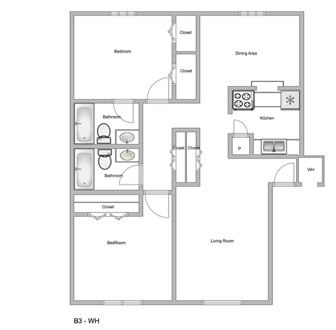 Floor plan for 2 beds, 2 baths, 1085 sqft